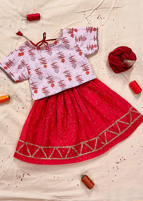 Red Gold Chanderi Nimbu Lehenga Set